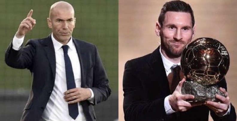 Zinedine Zidane on the left hand and Lionel Mess on the right hand with Ballon d’Or